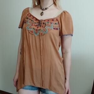 Boho/western tan embroidered‎ blouse, size small/medium